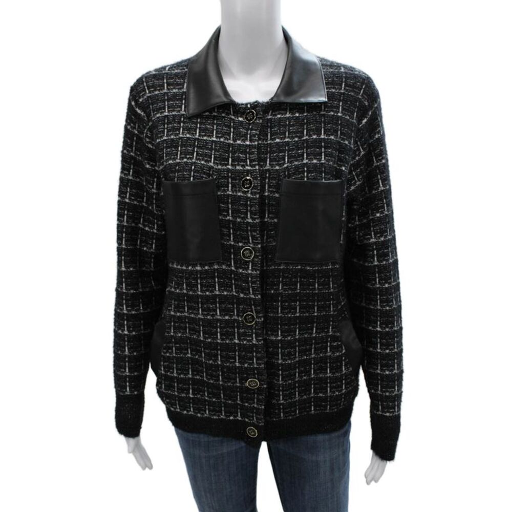 Marina V Women Basic Jacket Black Check Polyamide Button Long Sleeve Size 1